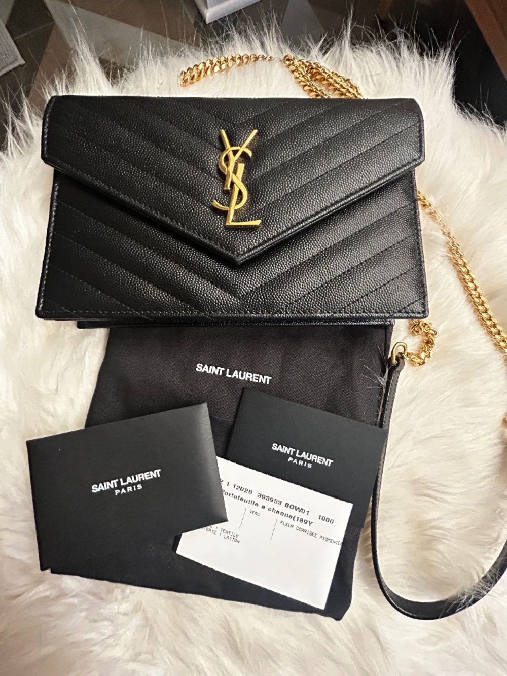 Yves Saint Laurent Envelope Small YSL Wallet on Chain in Grain Leather